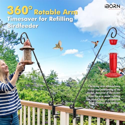 iBorn Deck Hook for Bird Feeder, Hummingbird Feeder Hanger for Deck Railing, Heavy Duty Deck Hanger for Outdoors Hanging, 360° Rotatable Arm, Solid Wire, 28 Inch, Pack of 1