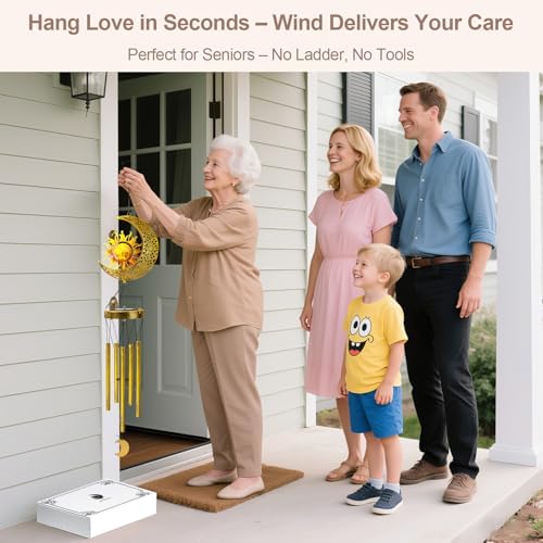 JYPS Sun Moon Solar Wind Chimes, 47-Inch Large Waterproof Windchimes for Outside with Glowing Crackle Glass Ball, Garden Patio Yard Decor Mother's Day Birthday Unique Gifts for Women Mom Grandma Wife