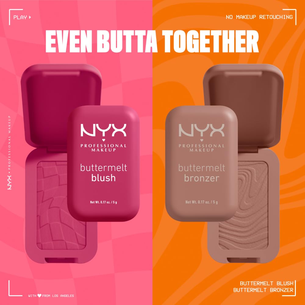 NYX PROFESSIONAL MAKEUP Buttermelt Powder Blush, Fade and Transfer-Resistant Blush, Up to 12HR Make Up Wear, Vegan Formula - All The Butta