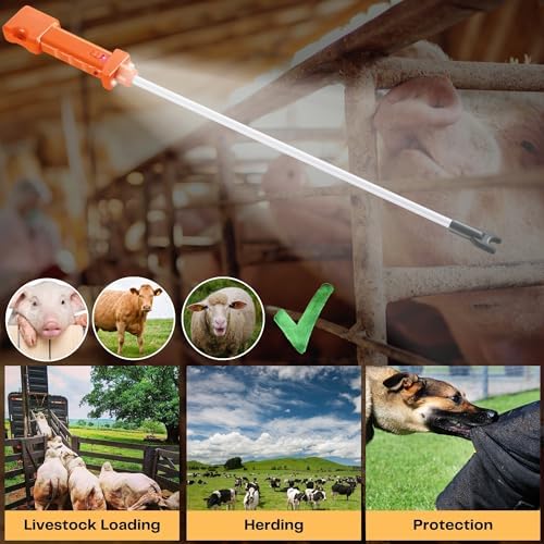 Rechargeable Cattle Prod, Waterproof Electric Livestock Prod with 2 LED Lights, Rechargeable Animal Prod for Farm Ranch Herding and Big Large Dogs, Livestock Shock Stick with Flexible Shaft