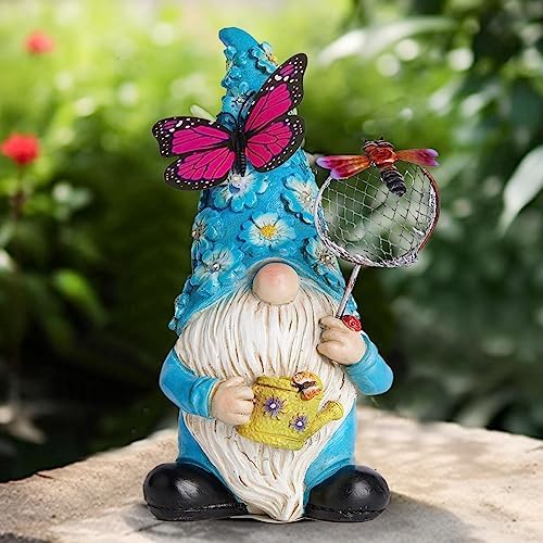 Garden Gnome Statues Outdoor Decor Solar Gnomes with Butterfly on LED Lighted Flowers, Resin Blue Gnomes Sculpture for Patio Yard Lawn Onament Decoration