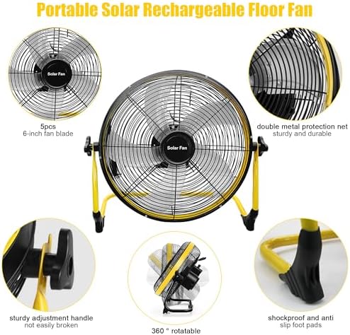 14 Inch Portable Rechargeable Fan,15600mAh Battery Powered,Camping Fan with Solar Panel,360 Vertical Tilt,Solar Powered Fan for Outside,Travel,Chicken Coop,Dog House,Shed,Greenhouse
