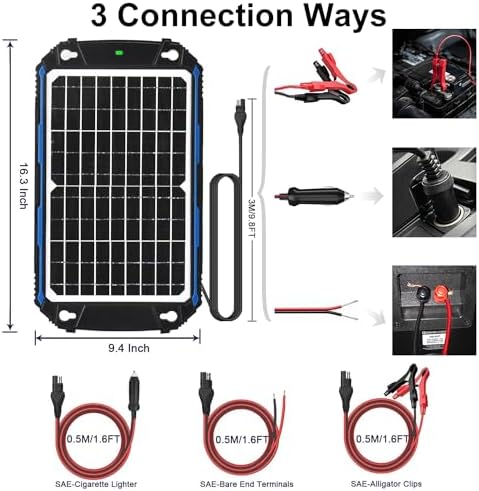 SUNER POWER Waterproof 12W 12V Solar Battery Charger & Maintainer Pro, Built-in UltraSmart MPPT Charge Controller, 12 Volt Solar Panel Trickle Charging Kits for Car Automotive Boat Marine RV Trailer