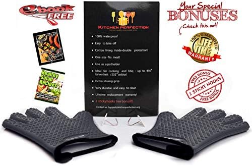 KITCHEN PERFECTION Silicone Smoker Oven Gloves-Extreme Heat Resistant BBQ Gloves-Handle Hot Food Right on Your Grill Fryer & Pit|Waterproof Grilling Cooking Baking Mitts|Superior Value Set +3 Bonuses