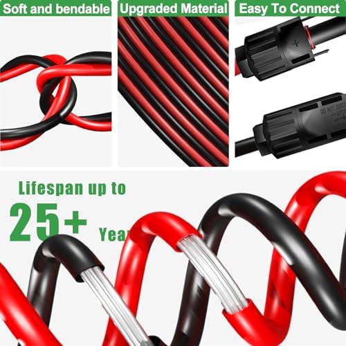 Twin Wire 20FT Solar Extension Cable - 10AWG (6mm²) Solar Panel Connector, with IP67-Male/Female Solar connectors for Outdoor Automotive RV Boat Marine Solar Panel- Black & Red