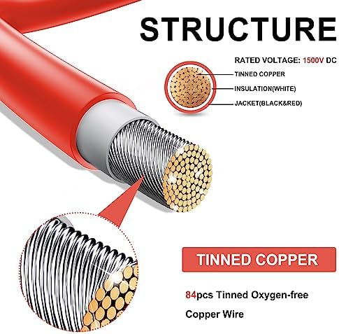 Twin Wire 30FT Solar Extension Cable - 10AWG (6mm²) Solar Panel Connector, with 6 Pairs-IP67-Male/Female Solar connectors for Outdoor Automotive RV Boat Marine Solar Panel- Black & Red