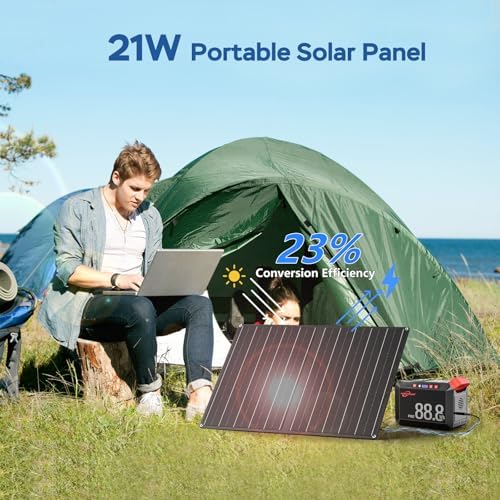 POWSTREAM 80W Solar Powered Generator with Panels 21W Included, 88.8Wh Lithium Battery Portable Power Station with AC Outlet 120W Peak Fast Charging 110V for Camping Outdoor Home Backup Backup RVs
