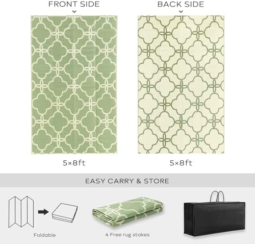Ashler Outdoor Rug, Outdoor Plastic Straw Rug, 5x8 Reversible Sage Green Patio Mat, Flower Modern Design for RV, Backyard, Deck, Camping, Picnic, Spring, Summer, Durable & Weather-Resistant Area Rug