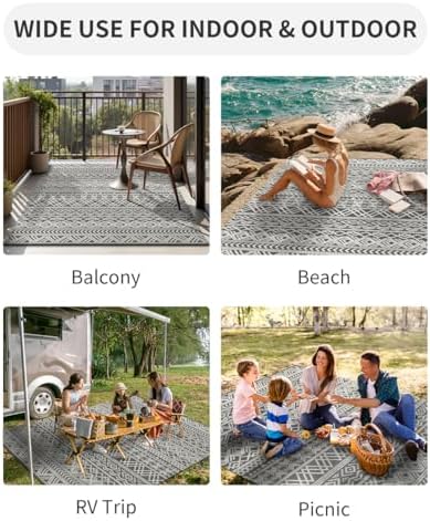 MontVoo Outdoor Rug Carpet Waterproof 5x8 Outdoor Patio Rug Mat Reverisble Plastic Straw Outdoor Rug for RV Camping Picnic Beach Balcony Boho Grey