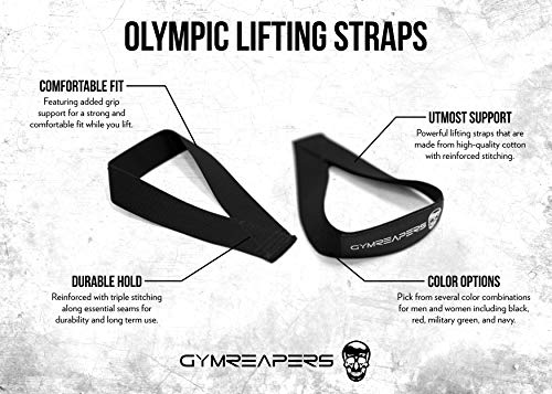 Gymreapers Olympic Lifting Straps for Weightlifting, Snatch, Clean, Powerlifting, Strongman, Deadlifts - Durable Cotton with Reinforced Stitching (Pair) (Black)