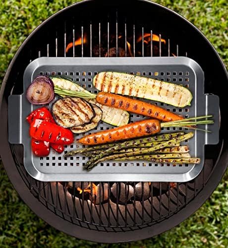 Grill Pan Set of 2, BBQ Grill Topper for Outdoor Grill, Stainless Steel Grilling Baskets with Holes and Handles, Perforated Food Tray Barbecue Accessories for Vegetable, Fish, Meat, Seafood