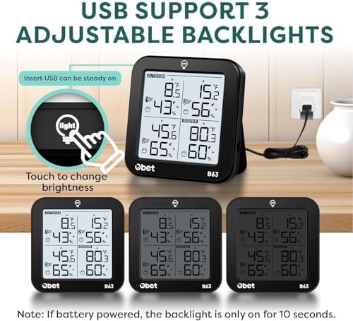 OBET Indoor Outdoor Thermometer Wireless with 3 Sensors Weather Station Temperature Humidity Monitor 500ft Range and Adjustable Backlight and Min Max Data Black