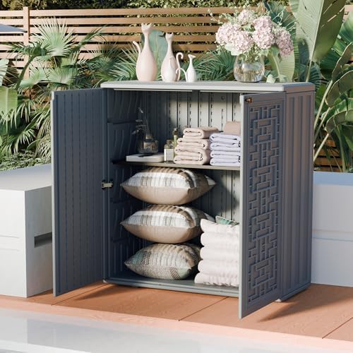 Indoor Outdoor Storage Cabinet Waterproof with Shelf,Plastic Storage Sheds Outdoor Cabinets for Patio/Garden/Backyard, Size 34.3''L*15''W*36.2''H(Gray)