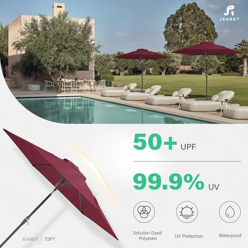 JEAREY 7.5FT Patio Umbrella Market Table Umbrella with 6 Sturdy Ribs, Push Button Tilt/Crank Outdoor Umbrella for Garden, Deck, Backyard, Pool and Beach,Burgundy