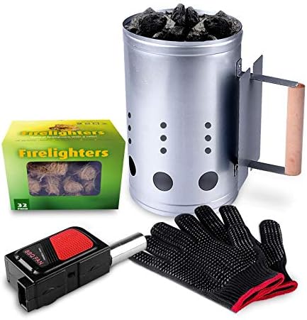 homenote Rapid Charcoal Chimney Starter Set Fireplace Accessories Lighter Cubes BBQ Heat Resistant Gloves Blower BBQ Tools(11.5" x 7" x 7")