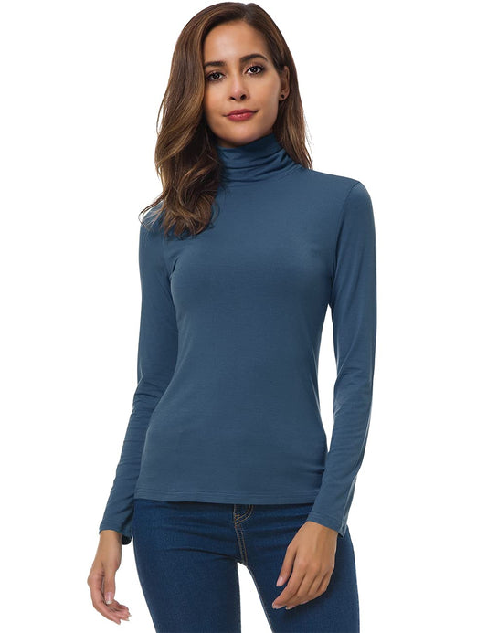 VOBCTY Long Sleeve Turtle Neck Stretch Slim T Shirt Layer Tops Beja Blue Small