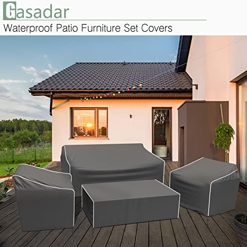 Gasadar Patio Furniture Cover 4-Piece Set, Heavy Dut 600D Outdoor Furniture Cover Waterproof for Lawn Patio Chairs, Loveseat and Coffe table, Grey
