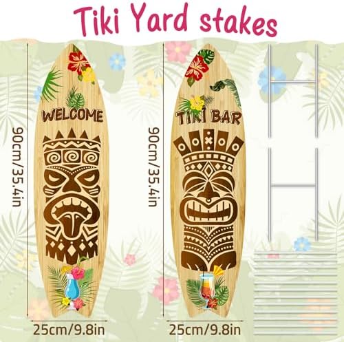 2 PCS Tiki Bar Surfboard Yard Signs Surfboard Beach Signs with Stakes Hawaiian Luau Party Decoration Summer Theme Decor for Tiki Bar Beach Outdoor