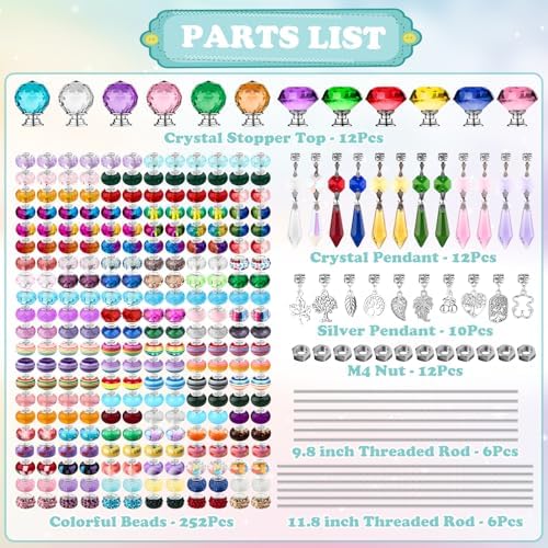 UFU 310Pcs Beaded Garden Stakes Kit - DIY Fairy Wand Garden Stake Beads Kit with 252 Colorful Assortment Large Hole Beads, 12 Threaded Rods, Crystal Stopper Top & Pendants for Outdoor Decor(10&12IN)