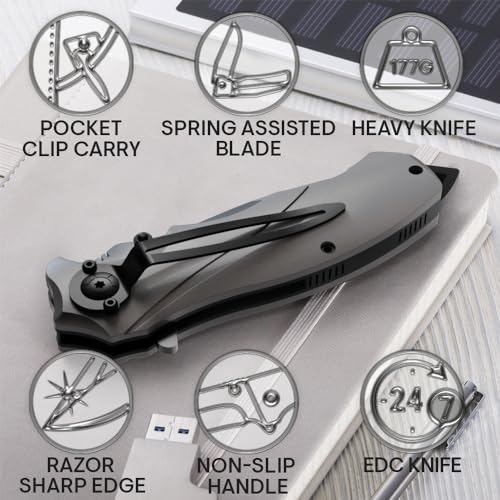 Grand Way Tactical Knife for Men - Black Pocket Knife - Best Spring Assisted Knife with Glass Breaker and Pocket Clip - Cool Folding Knives for Military Work Camping - Birthday Gifts for Dad 6495 B