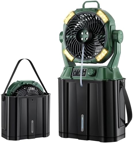 Portable Misting Fan,4 LED Lights&Stepless Speed Control & 4 Outlet Cooling Spray with 6L Bucket,Timer Function,Portable Handle,20000mAh Camping Fan for Patios/Fishing/Travel/Office Desk