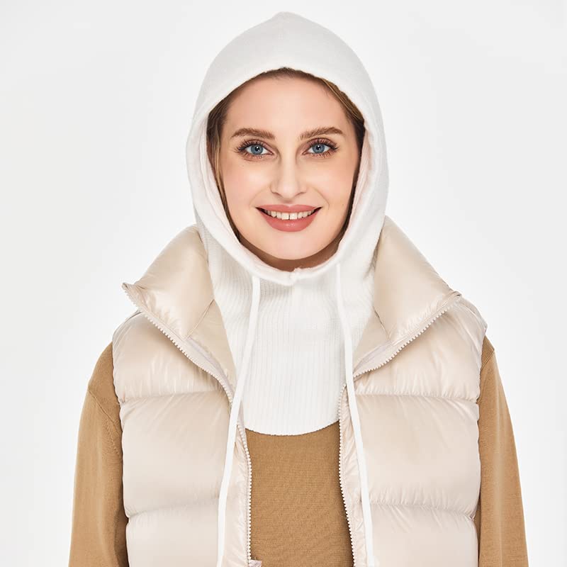 Timoise Knit Winter Hats for Women Balaclava Warm Hooded Scarf for Men and Women Beanie Hat Skull Cap (White)