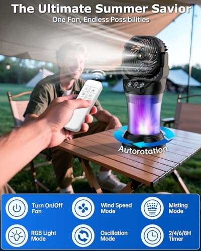 Misting Fan, Portable Misting Fan with 2L Water Tank, 30000mAh Battery, 180° Adjustable, 4 Speeds & 4 Mist Modes (Continuous/3S/5S/7S),4 LED Base Lights Remote Control for Outdoor Patio Camping