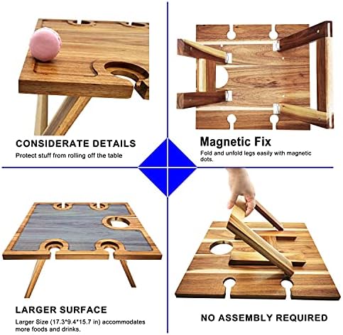 Portable Wine Picnic Table, Acacia Wood, Larger Tray Foldable, Charcuterie Board, Wine Gift, Decoration for Romantic Camping, Engagement Party, Concerts at Park, Glamping, Wood Color