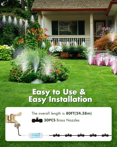 Misters for Outside Patio with Water Filter - 80Ft(24.5M) Misting System Line 30 Brass Mist Nozzles Brass Adapter(3/4") Patio Misters for Cooling Outdoor Greenhouse Backyard Porch Garden Party Pool