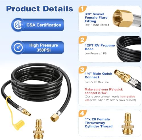 WADEO 12 FT Propane Quick Connect Hose for RV to Gas Grill, Propane Quick Connect Fittings for 1 LB Throwaway Bottle Connects 1 LB Portable Appliance to RV 1/4" Female Quick Disconnect