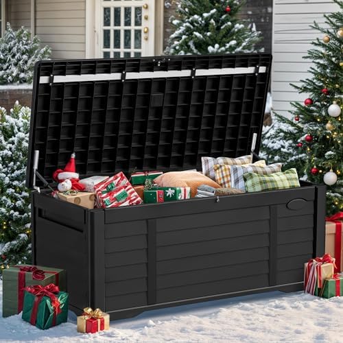 YITAHOME 120 Gallon Large Outdoor Storage Deck Box, Waterproof Cushion Storage Bench with Lockable Lid for Patio, Pool Supplies, Garden Tools, Resin, Black