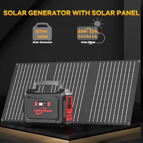 POWSTREAM Solar Powered Generator 167Wh Portable Power Station with Solar Panel 30W Included, 100W Power Bank with AC Outlet QC3.0 for Camping Boat Trip Hunting Outdoor Adventures Emergency Backup