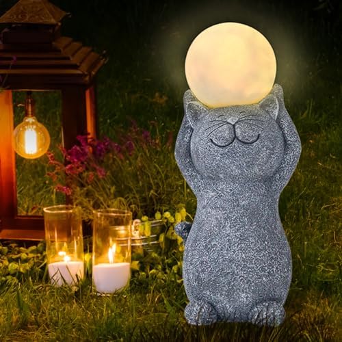 Solar Garden Decor Cat Moon Outdoor Statue and Figurine Lights, Outdoor Patio Sculpture Decor LED Lights Gifts for Mom or Daughter, Garden Statues Birthday Gifts for Women Home and Yard