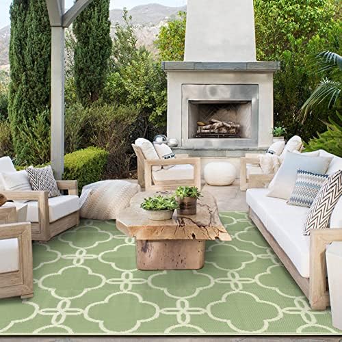 Ashler Outdoor Rug, Outdoor Plastic Straw Rug, 5x8 Reversible Sage Green Patio Mat, Flower Modern Design for RV, Backyard, Deck, Camping, Picnic, Spring, Summer, Durable & Weather-Resistant Area Rug