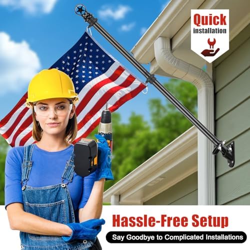 American Flag with Pole Kit - 5ft Heavy Duty Stainless Steel Flagpole for Outside House,3x5 Embroidered US Flags,Tangle-Free Outdoor, Metal Holder Mount Bracket for Residential Porch,Wall -Black