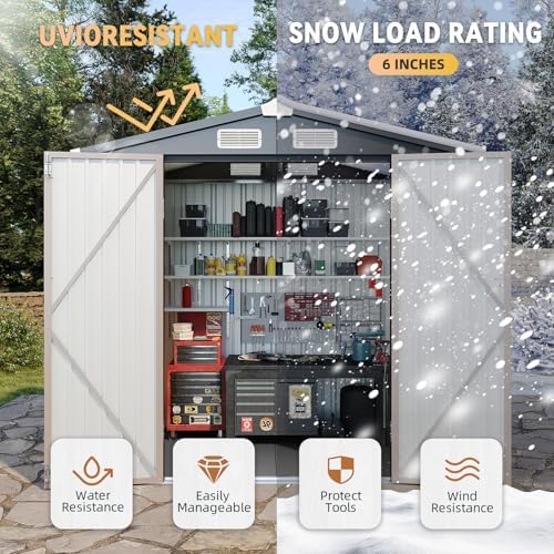 Aoxun 7.4x5.3FT Shed with Floor Galvanized Steel Outdoor Storage Shed Metal Garden Shed with Double Doors, 15mm Moisture-Proof Floor & Ventilation, Sloped Roof for Bike/Generator/Tool Storage (Brown)