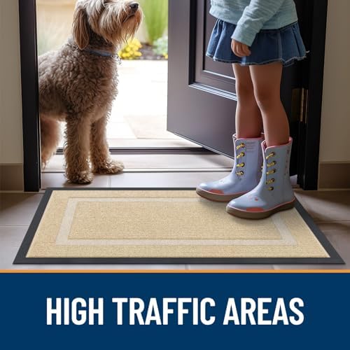 OLANLY Front Door Mat Indoor Outdoor Entrance, Waterproof All-Season, All-Weather Doormat, Sturdy Natural Rubber, Fade Resistant, Low Profile, Easy Clean Patio Porch Entryway Mat, 29.5x17, Beige