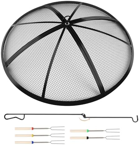 Fire Pit Spark Screen, Outdoor 36 Inch Round Fire Pit Screen with Foldable Hook and Marshmallow Sticks, Heavy Duty Steel Mesh Fire Pit Cover for Backyard, Beach, RV Camping