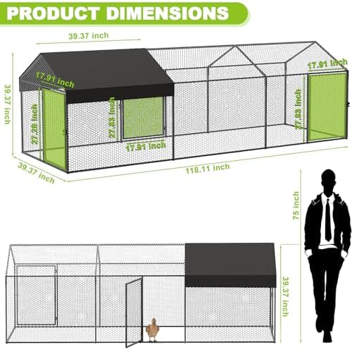Metal Chicken Coop Run for 8-12 Chickens 118"×40"×40" Large Chicken Run for Yard with Cover,Portable Poultry Cage Hen House Outdoor Chicken Pens with Chicken Swing