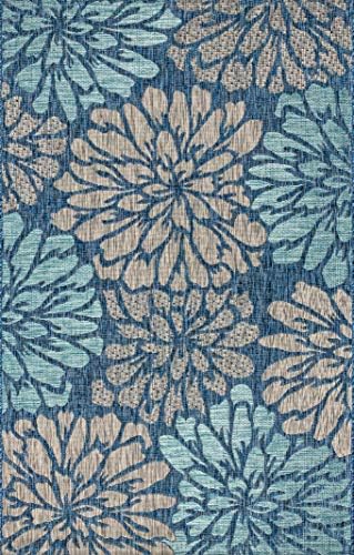 JONATHAN Y SMB110C-5 Zinnia Modern Floral Textured Weave Indoor Outdoor Area-Rug Bohemian Coastal Easy-Cleaning Bedroom Kitchen Backyard Patio Non Shedding, 5 X 8, Navy/Aqua