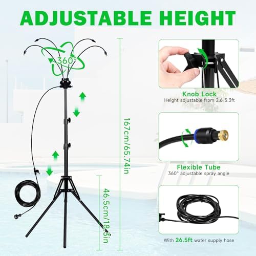 Standing Misters for Outside Patio, Adjustable Height 5.3FT Stand Misting System with 26.2FT Misting Line for Cooling Outdoor, Portable Water Mister Hose for Backyard BBQ, Porch, Pool, Pet Cooling