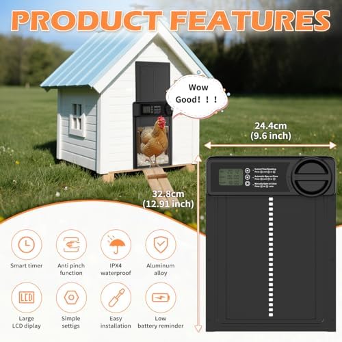 Automatic Chicken Coop Door - Aluminum Auto Chicken Coop Opener with Anti-Pinch Sensor, Battery Powered Chicken Door with Smart Timer & LCD Display, Waterproof