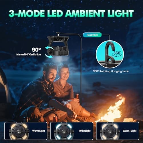 Misting Fan Portable Camping Fan 42800mAh Rechargeable with Remote Control, 3 LED Light & Stepless Speed Control & Cooling Spray with 6L Bucket, Timer Function, Portable Handle, Rotating Hanging Hook