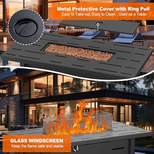 Walsunny 43 inch Outdoor Propane Fire Pit 50,000 BTU Gas Fire Pit Table with Lid, Waterproof Cover, Rectangle Gas Firepit Table for Garden/Patio, CSA Certification