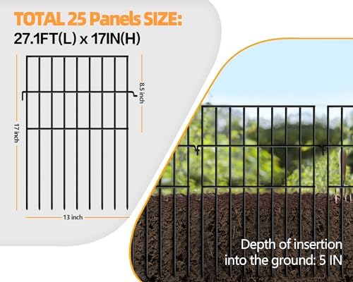 KYATE Animal Barrier Fence No Dig, 25 Panels 1.25in Gap Ground Defense Fence Border Small Metal Fencing, Dog Rabbits Blocker Under Fence for Garden, Flower Bed, Patio, Black
