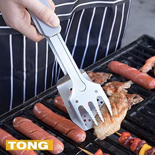 ROXON 4 in 1 Mini Folding BBQ Barbecue Combo Tool Set with Spatula, Fork, Tongs and Bottle Opener for Hiking Camping (Grey)