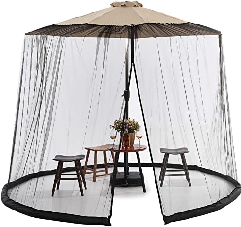 7.5-11 FT Patio Umbrella Mosquito Net, Polyester Mesh Umbrella Screen, Universal Canopy Umbrella Mosquito Netting with Zipper Door and Adjustable Rope, Fit Outdoor Umbrellas and Patio Tables