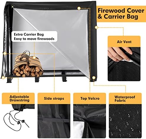 NALONE 4FT Outdoor Firewood Rack with Cover&Carry Bag Heavy Duty Square Strong Stand Rack with Waterproof Cover for Fireplace Fire Pits Wood Pile Storage Holder Lumber Rack