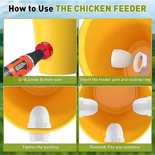 6 Pcs Chicken Feeder and Water Cup Kit - Gravity Chicken Waterer and Feeder Port Kit with Hole Saw and Sealing Tape - No Waste for Duck, Bird, Quail