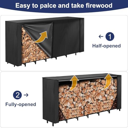 Honest 8ft Firewood Rack Cover, Heavy Duty Waterproof 600d Oxford Outdoor Firewood Storage Cover with Zipper and Openable Front Flap, Cover Only